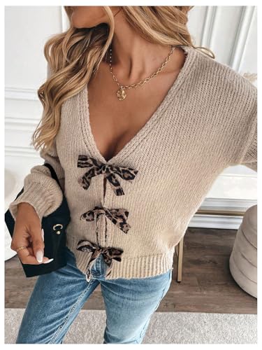 GORGLITTER Women's Leopard Bow Cropped Cardigan Lightweight Y2K Cheetah Long Sleeve Knit Sweater Fall Fashion Trendy 2025 5
