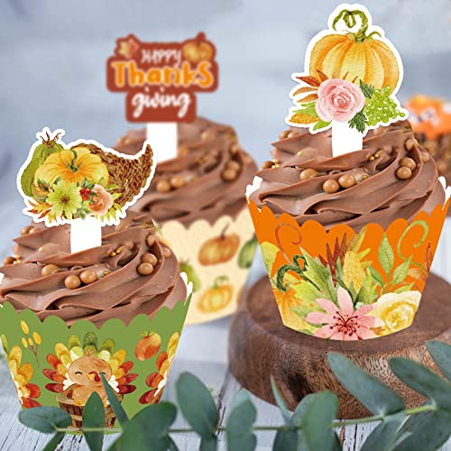Thanksgiving Cupcake Topper And Wrappers 32 Sets Fall Harvest Cupcake Decoration Pumpkin Turkey Day Fall Cake Decorations Party Supplies #TOP5