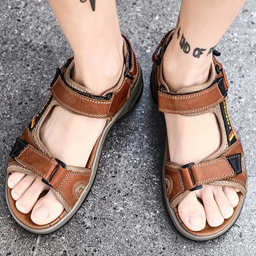 MILDSEVEN Men's Hiking Real Leather Sandals, Breathable Classics Sports Open-Toe Sandals, Fashion Outdoor Backpacking Beach Shoes,8,Brown4