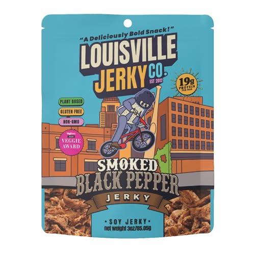 Image of Louisville Jerky Co. Smoked Black Pepper Vegan Jerky, 3 oz, 1-Pack | 5g Protein, Plant-Based Protein Snack, Vegetarian Jerky, Meatless, Savory, Ready-to-Eat, Vegan Beef Alternative, Travel Ready