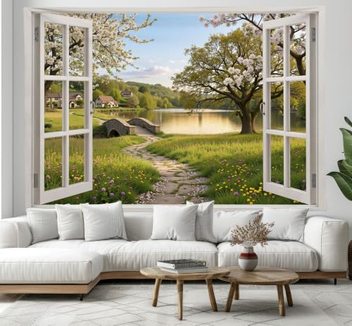 Tapiz de pared relajante con vista de ventana a praderas y lagos para tu dormitorio