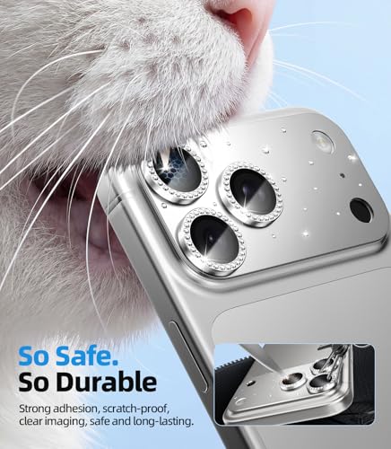 Image of HelloDeere for iPhone 17 Pro Camera Lens Protector [Not Easy to Break] [Ultra Bright] Round Gold Diamond Bling Tempered Glass Metal Frame Camera Cover for iPhone 17 Pro Lens Case Friendly (Silver,1 Pack)