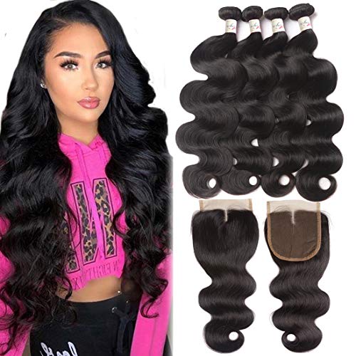 9A Body wave bundles with closure Brazilian human hair 4 bundles with lace closure Unprocessed Brazilian body wave virgin hair bundles with closure 4X4 Lace Middle Part (22 24 26 28+20)