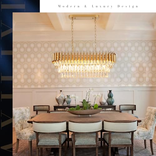 Image of Modern Rectangular Chandelier Gold Crystal Chandeliers for Dining Room