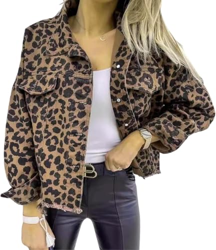 Yancremio Damen Jeansjacke im Retro Leopardenmuster Modische lockere lässige Trendjacke mit Knöpfen Leichte Kurze und langärmelige Jacke für Frühling und Herbst (Leopardenmuster,XL)