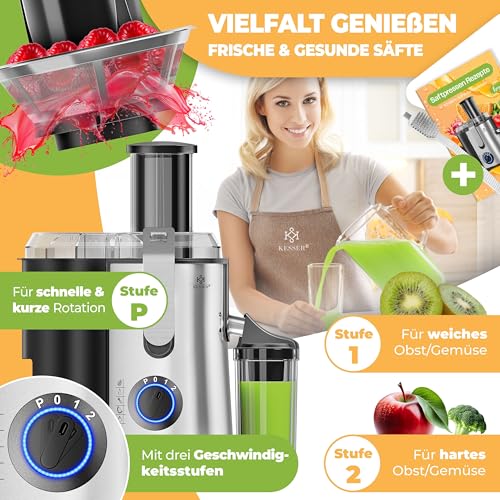 KESSER® Zentrifuge Entsafter für Obst | Gemüse aus Edelstahl 1100W, große Fütterungsröhre, 3 Stufen, Elektrische Zentrifugal Saftpresse Juicer + Bürste, Saftbehälter, Rezeptbuch, Grau/Silber – Bild 6