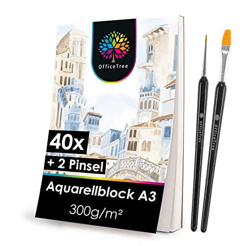 OfficeTree 40 x Aquarellpapier A3 300g - Aquarellblock A3 mit Pinsel -...