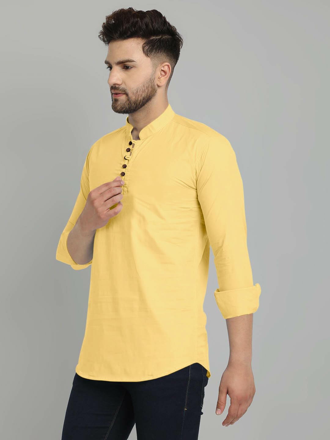Royalscout Men's Cotton Blend Full Sleeve Short Kurta With Mandarin Collar Yellow