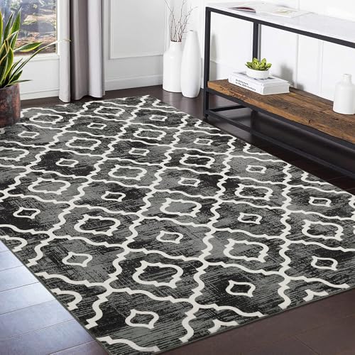 GlowSol Area Rug 8x10 Washable Rug Large Modern Trellis Rug Geometric Neutral Soft Grey Rug for Living Room Bedroom Dining Room Non Slip Stain-Resistant Carpet for Home Office Decor