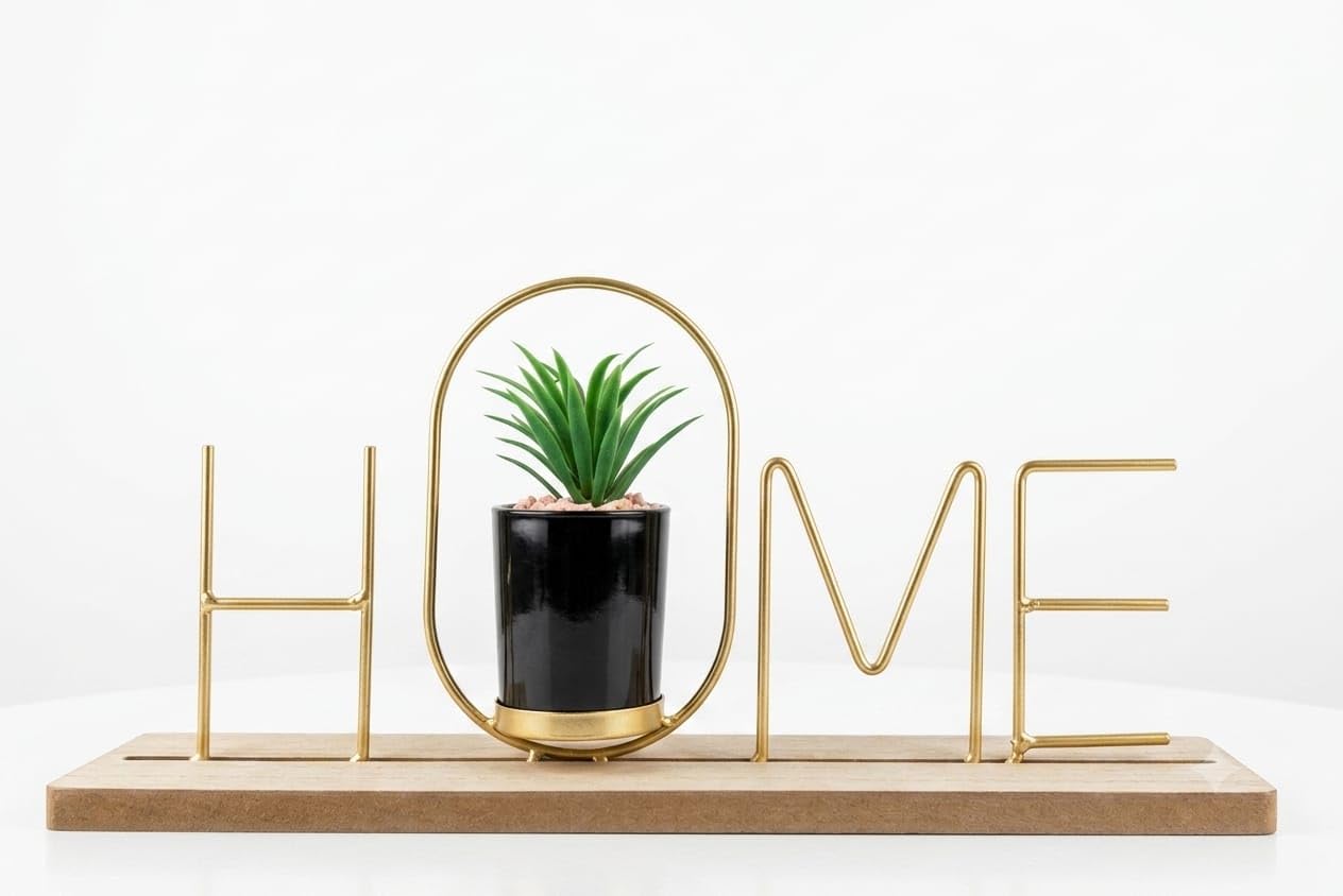 Decorative Home Letters Artifact – Gold Metal Table Top Sign with Faux Cactus Plant in Black Ceramic Pot & Wood Base – Modern House Decor Elements for Living Room, Shelf, Tabletop, 35X17X7CM-image-47