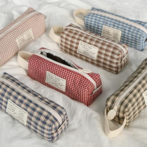 Image of Monolike Unmatched Friends Fabric Check Block Pencil Case, Vintage sky - Aesthetic Gingham Pastel Desk Organizer, Soft Padded Makeup Brush Case, Trendy Minimalist Stationery Pouch