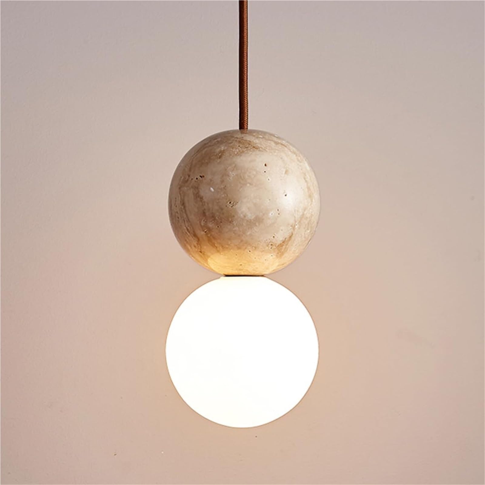 ITOSUI Mini Travertine Chandeliers - Wabi-Sabi Style Double Ball Stone Pendant Lamp, G9 Light Fixture for Table, Living Room, Hallway(1 PCS)