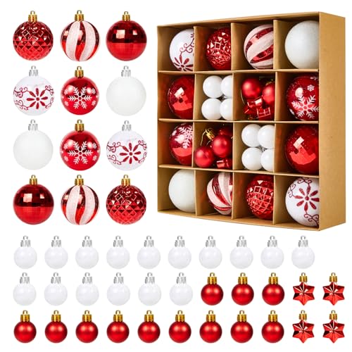 Fuyuleyo 44Pcs Christmas Baubles, Red and White Christmas Tree Decorations Set, Shatterproof Xmas Balls Ornaments Tree Baubles for Hanging Xmas Decorations Festive Holiday Home Decor