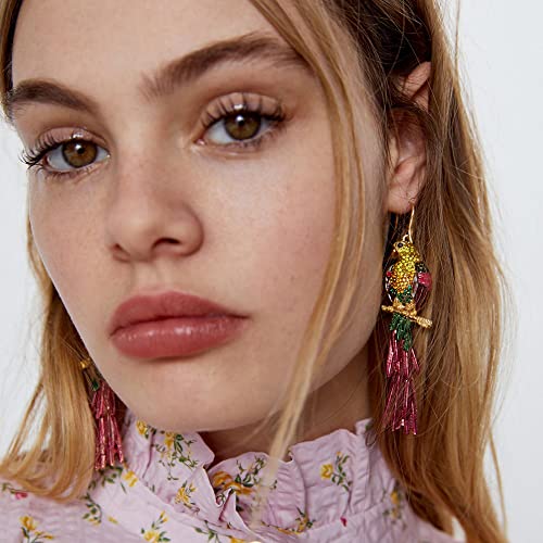 Rhinestone Parrot Bird Dangle Earrings for Women Girls Colorful Crystal Pink Feather Statement Drop Fish Hook Dangling Stud Lightweight Boho Carnival Holiday Prom Party Jewelry Gifts Souvenirs3