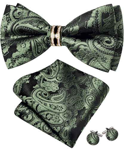 Image of YOHOWA Mens Bow Tie Set Paisley Pre-tied Bowties Adjustable with Handkerchief Cufflinks Gold Ring Set Wedding Prom Party
