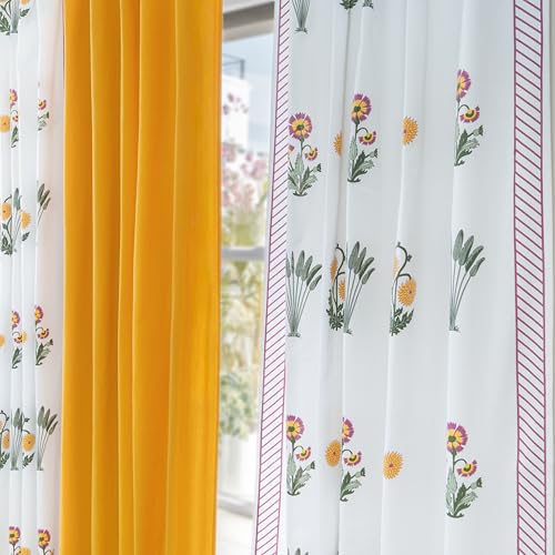 Image of Tranquebar Curtain Co. Window Curtains 5 Feet, 60-65% Room Darkening, Pink Ethnic Curtains Palms Print, Cotton Curtains for Window, Cotton Curtains 5 Feet Set of 3,BackTabs, Bagh Yellow combo (152 cm)