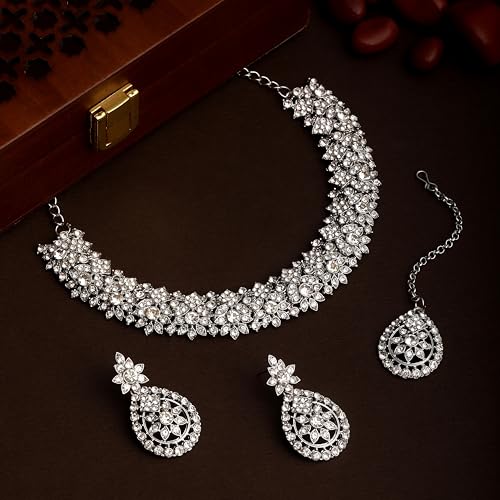 Image of Atasi International Silver Plated White Crystals American Diamonds Stylish Necklace Set with Earrings and Maang Tikka for Women and Girls | Stylish Jewellery for Party, Wedding and Festive Occasions (R6156)