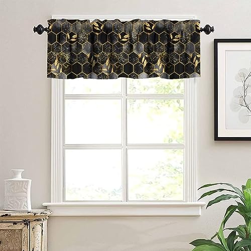 Image of Black Grey Marble Window Valance Curtain, Marble Hexagon Texture Golden Leaves Abstract Background Window Valances Treatments for Kitchen Living Room Cafe Decor 54'x18', 1 Panel