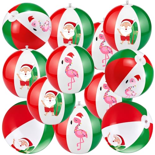 Jetec 12 Pcs Christmas in July Inflatable Beach Balls 12 Tropical Santa Flamingo Beachball Pool Swimming Party Decorations for Summer Holiday Luau Hawaiian Xmas Water Games