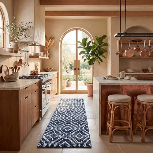 SAFAVIEH Adirondack Collection Runner Rug - 2'6" x 18', Navy & Ivory, Modern Diamond Distressed Design, Non-Shedding & Easy Care, Ideal for High Traffic Areas in Living Room, Bedroom (ADR131N)