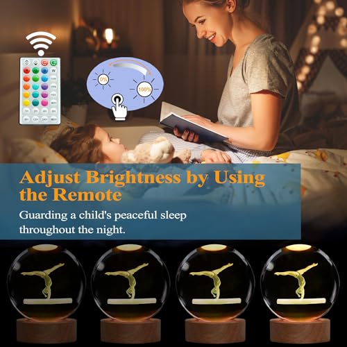 Image of Gymnastics Night Light, Gymnastics Gifts for Girl, Gymnastics 3D (3.15 in) Crystal Ball Night Light with Remote Upgraded Lamps with 16 Color for Birthday Xmas Cool Room Decor for Boys Girls