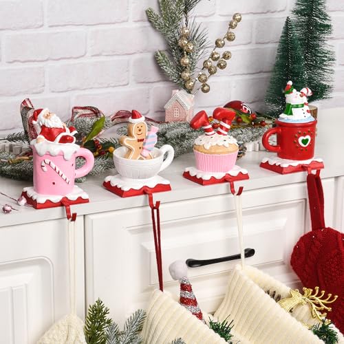 Cdepdis 4Pack Christmas Stocking Holders for Mantle, Pink Weighted Santa Themed Xmas Stocking Hooks, Anti-Slip Christmas Hooks for Winter