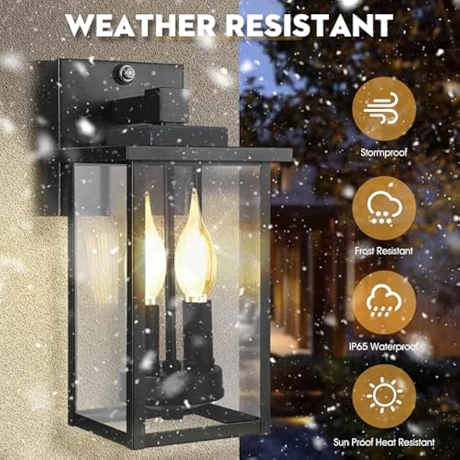 2-Light Dusk to Dawn Outdoor Wall Lights, Waterproof Exterior Lighting Fixtures with Shatterproof Glass, Rustproof Metal Outdoor Sconce Lights for Porch Garage House Exterior