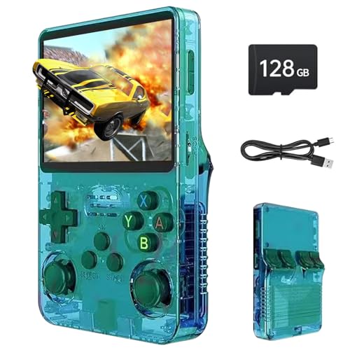 Febotak R36S Retro-Handheld-Spielkonsole, 3,5-Zoll-IPS-Bildschirm, 128 GB Speicher, über 40.000 Spiele, basierend auf LINXU Open Source ARKOS, 3500-mAh-Akku (Transparentgrün)