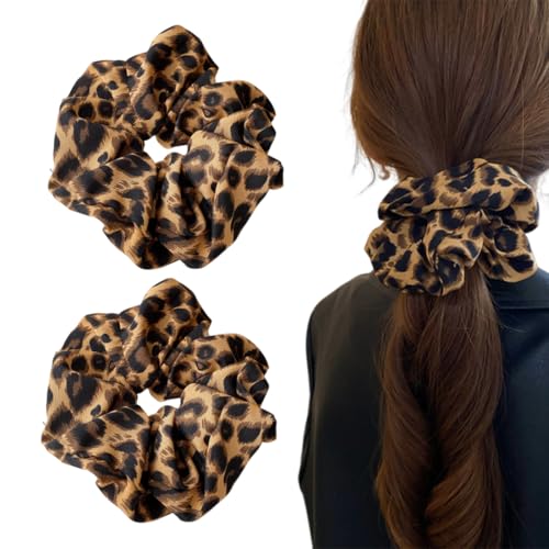 Set di 2 Elastici per Capelli con Stampa Leopardata, Scrunchies per Capelli Seta, Set Elastici Capelli Stoffa Raso per Donne Ragazze
