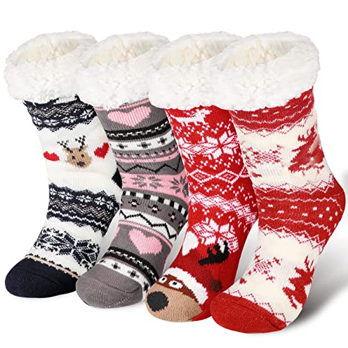 4 Pairs Christmas Women's Fuzzy Slipper Socks Fleece Christmas Slipper Socks Thick Warm Xmas Slipper Socks for Christmas Presents, Winter Party Supplies(Classic Style)