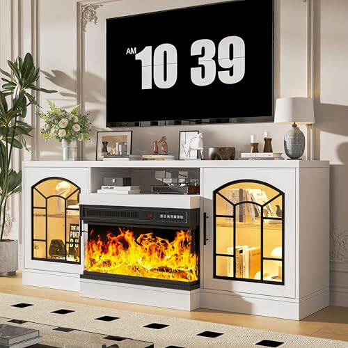 Image of Waleaf 60 inch Fireplace TV Stand for TVs up to 65 inch with 3-Sided Glass Fireplace, Farmhouse Entertainment Center Modern Console with Adjustable Flame Color, Storage Cabinet for Living Room, White