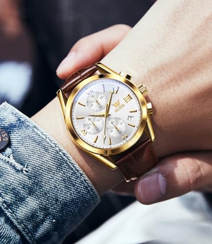 Image of OLEVS Watches for Men Original Analog Quartz Stylish Brown Leather Luxury Business Chronograph Waterproof Date Mens Wrist Watch