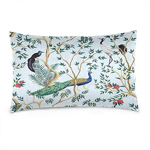 Vintage Garden Pomegranate Fruit Tree Throw Pillow Cover 12x20 Inch Exotic Bird Peacock Floral Exotic Chinoiserie Blue Cotton Linen Blend Printed Cushion Cover Couch Pillow Case Sham Pillowcases