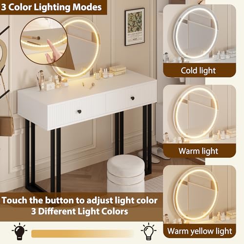 White Vanity Desk with Mirror and Lights, Small Makeup Vanity with 2 Drawers, Modern Vanity Organizer with 3 Color Lights&Adjustable Brightness, Dressing Table for Bedroom