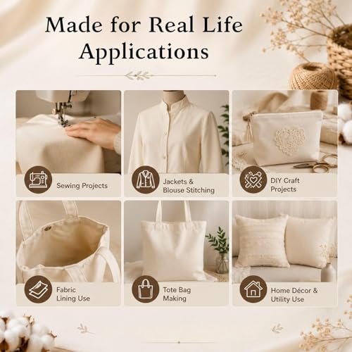 Image of Off White Cotton Fabric 6 Meter, 46 Inch Width Plain Cloth Material for Sewing, Jackets, Blouse, Craft, Lining & DIY Projects Soft Breathable Unstitched Fabric
