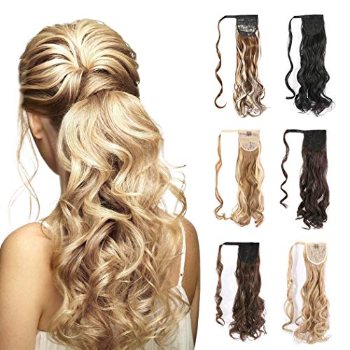 Favelo Pony Tails Wrap Around Hairpiece Curly Wavy Ponytail Extension Claw Synbthetic Clip in Hair Extensions Magic Paste Hair Wraps Human Long Hair Pony Tail (Ash Blonde Mix White(27H613))