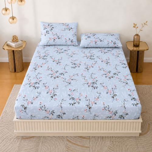 Image of Jaipur Weaves Fitted Bedsheet Queen Size 100% Pure Cotton Bed Sheet with 2 Pillow Covers, 240 TC Premium Bedding Set, 60x78 inches, Super Soft Cozy(Spring Tulips Blue)