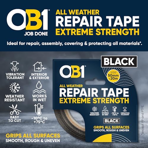 Image of OB1 Black All Weather Repair Tape Extreme Strength - Ultra Strong Waterproof Duct Tape - Maximum Bond Strength - Heat, Water & UV Resistant - Indoor & Outdoor Use - 50mm x 20m Roll