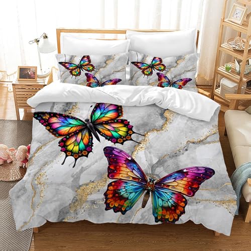 Funda Nórdica Mariposas 200x200, Suave y acogedora Ropa de Cama para Mariposa 3 Piezas,1 Funda nórdica con Cremallera y 2 Fundas de Almohada de 50 x 75 cm (Mariposas-2, 200x200cm)