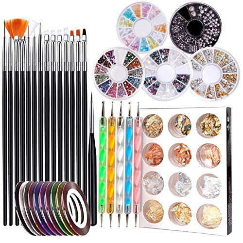 Guanniao 47 PCS Nail DIY Art Set Nail Pen Designer,Professional Nail Art Supplies Kit Nail Dotting Tools, Nail Stickers,Striping Tapes,Decoration Diamond Foil,Nail Painting Tools (Black)