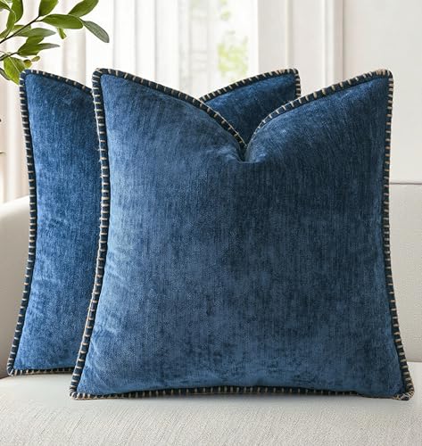 Image of decorUhome Fall Patriotic Chenille Soft Cozy Throw Pillow Covers 20x20 Set of 2, Coastal Modern Farmhouse Boho Velvet Decorative Pillow Cases with Stitched Edge for Couch Sofa Bed Home Decor, Poseidon