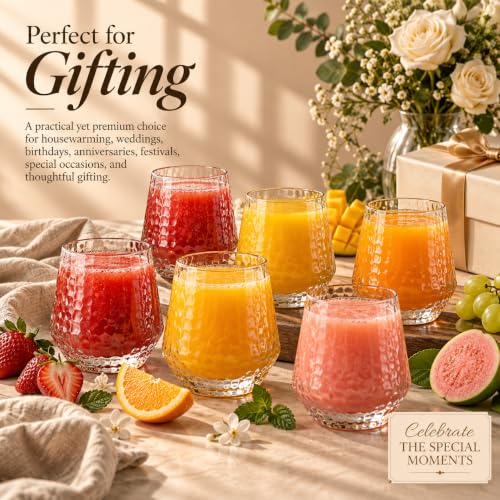 Image of bellemax 300ML Juice and Water Glass Stylish Crystal Highball Drinking Glasses, Medium Size Tumbler Glasses for Juice, Water, Milk, lassi, Cocktails and Sharbat (TR-20, 6 Count (Pack of 1))