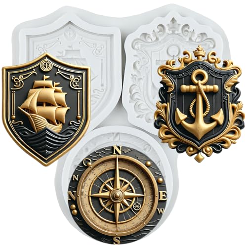 QDMOLDS Retro Nautical Element Silicone Molds Sailboat Compass Anchor Fondant Mold for Cake Decorating Chocolate Cupcake Topper Candy Polymer Clay Gum Paste