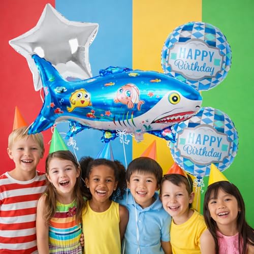 Image of Rozi Decoration Shark Theme Foil Balloon Set with Happy Birthday Balloons, Blue Shark Shape Balloon and Star Balloons for Birthday Decoration, Kids Party and Ocean Theme Decor Pack of 5 Pcs