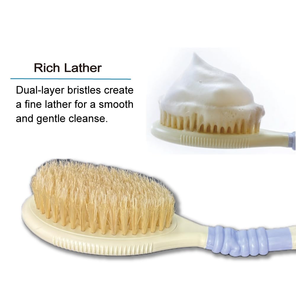 Back Scrubber for Shower [Made in Japan] Flexible Head Wet or Dry Brushing Body Brush, Natural Boar Bristle, Long Handle Exfoliating
