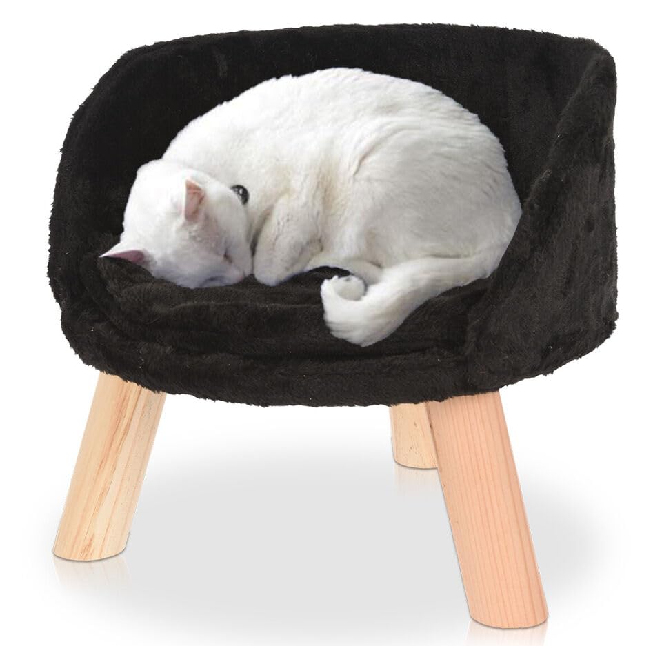 URBNLIVING Runder Luxus-Haustierhocker, Sofa, Stuhl, Bett, Samt, Schlafruhe, Sitz auf 3 Holzbeinen, Schwarz