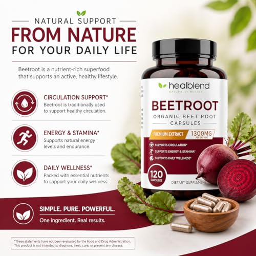 Image of Healbend Organic Beet Root Capsules 1300mg - Nitric Oxide Booster Beets Support Healthy Blood Pressure, Heart Health, Circulation Superfood - 120 Count