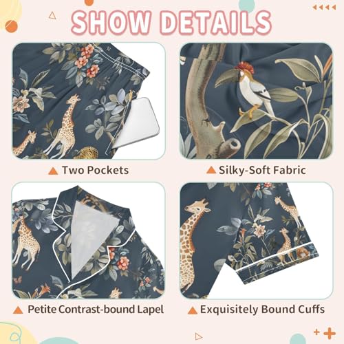 senya Animals on Giraffe Satin Summer Pajama Sets Silk Short Sleeve Button Down Sleepwear3