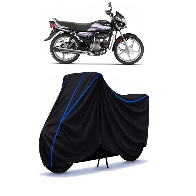 Image of Hero HF Deluxe i3s BS6 Bike Cover Water Resistant Universal Motorcycle Rain | Heavy Duty UV Protection, Dust, Scratch Indoor Outdoor All Weather with Black Blue Piping Elastic
