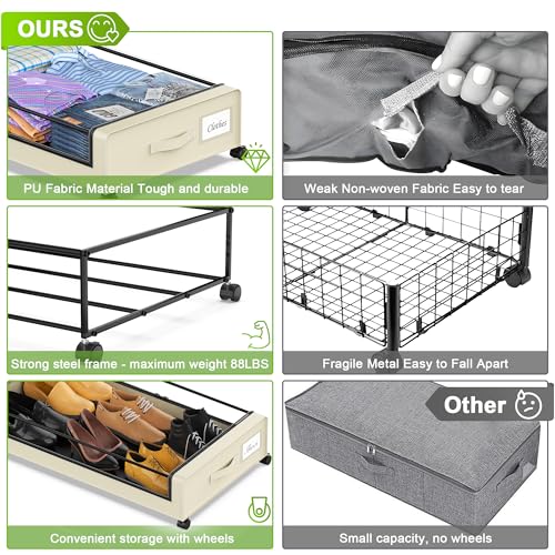 Image of YAASHEEN Under Bed Storage with Wheels, Under the Bed Storage Containers with Clear Lids & Label, Underbed Storage Bins, XXL 60L Rolling Metal Drawer for Clothes, Shoes, Toys, Books (4-Pack Beige)